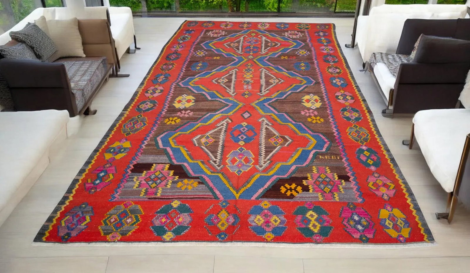 1990s Vintage Handwoven Turkish Kilim Rug Large Living Room Decor - 6"²11"³ X 13"² - 3