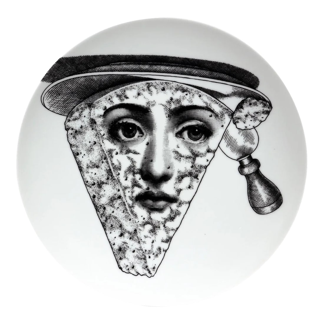 Fornasetti Porcelain Themes & Variation Plate, #319: The Illogical Menu: Fornasetti's Gorgonzola Muse Object: Decorative Plate / Surreal Art Object Maker: Atelier Fornasetti (Milan, Italy) Series: Tema e Variazioni (Theme and Variations), Motif 319
