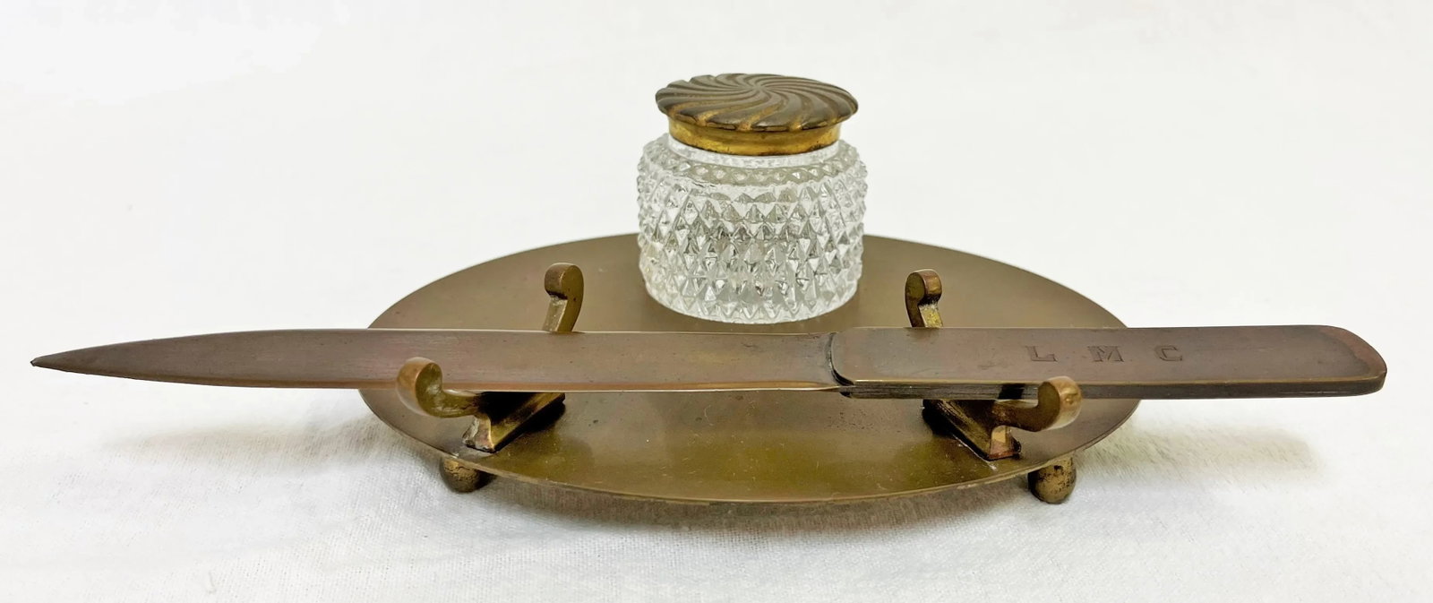 Vintage Bradley & Hubbard Brass and Cut Glass Inkwell Desk Set - 13