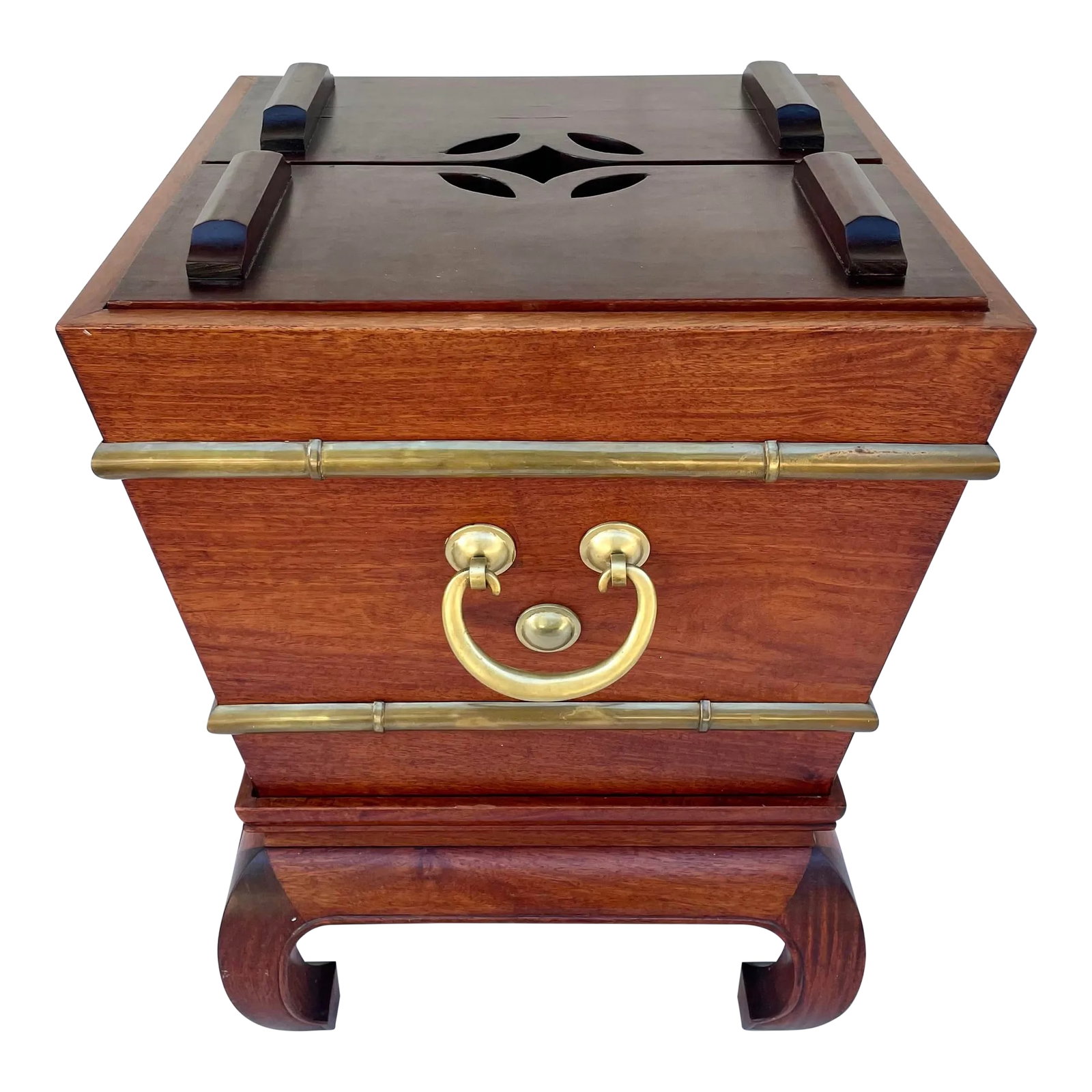Mid-Century Rosewood and Brass Beverage Ice Box by George Zee: Here is an INCREDIBLE piece designed by George Zee in the 1950's. As you can see, this piece comes with several pieces - a stand, outer container, inner brass liner and two carved wood pieces as the