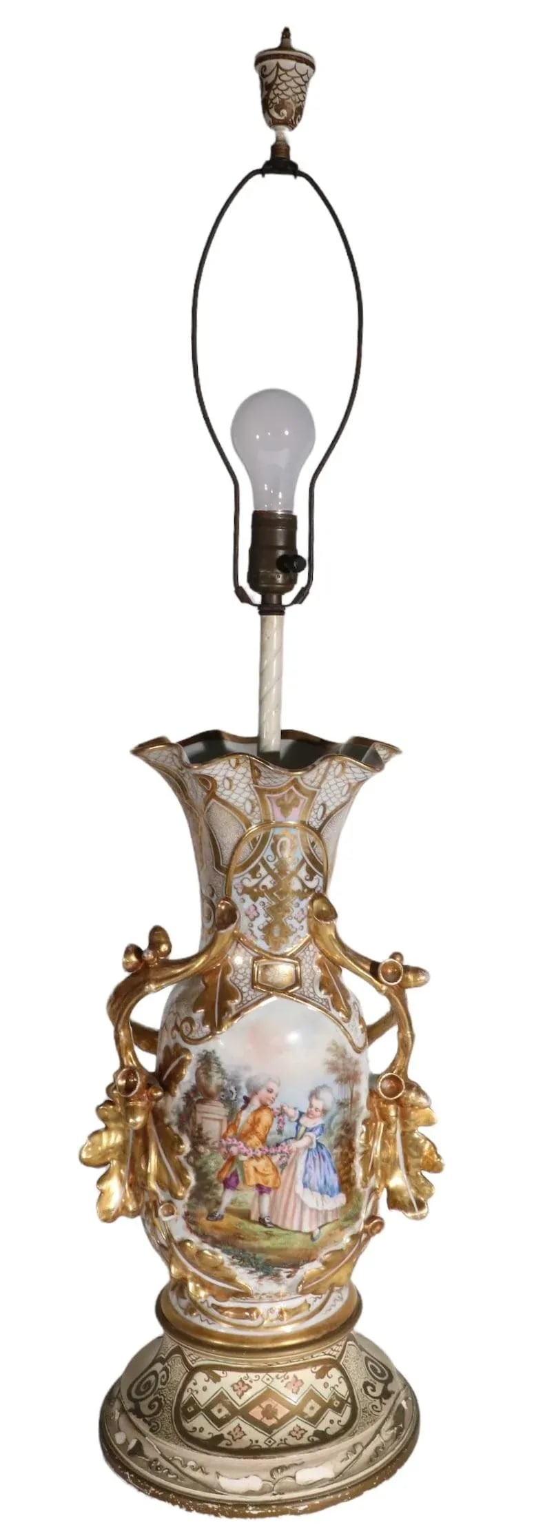 Old Paris Style Porcelain Gilt Figural Vase Table Lamp 20th C. - 13