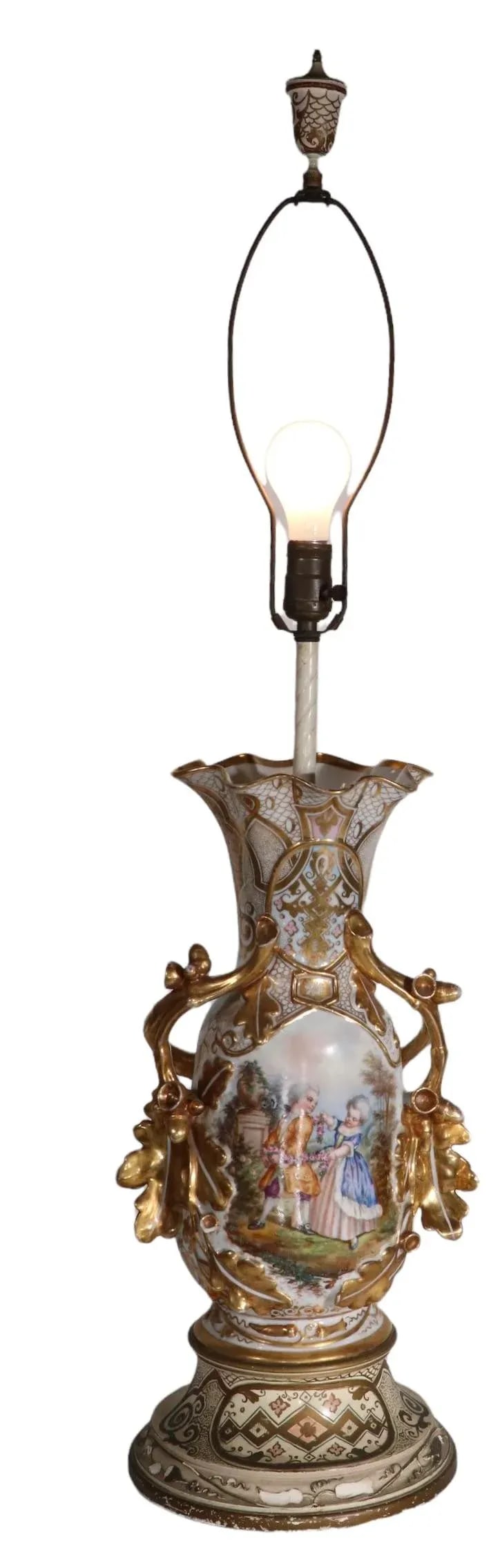 Old Paris Style Porcelain Gilt Figural Vase Table Lamp 20th C. - 9
