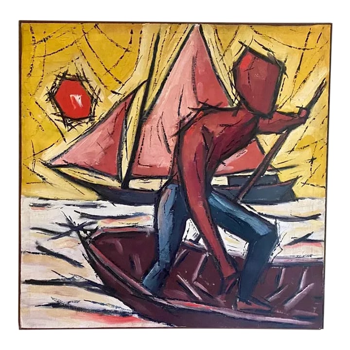 Vintage Mid Century Signed Man on a Boat Painting on Canvas: Beautiful Large Mid Century Canvas Painting from the 1960s, signed and dated. Condition: Alterations: Original Condition Unaltered Imperfections: Some Imperfections Condition Notes: The painting is in