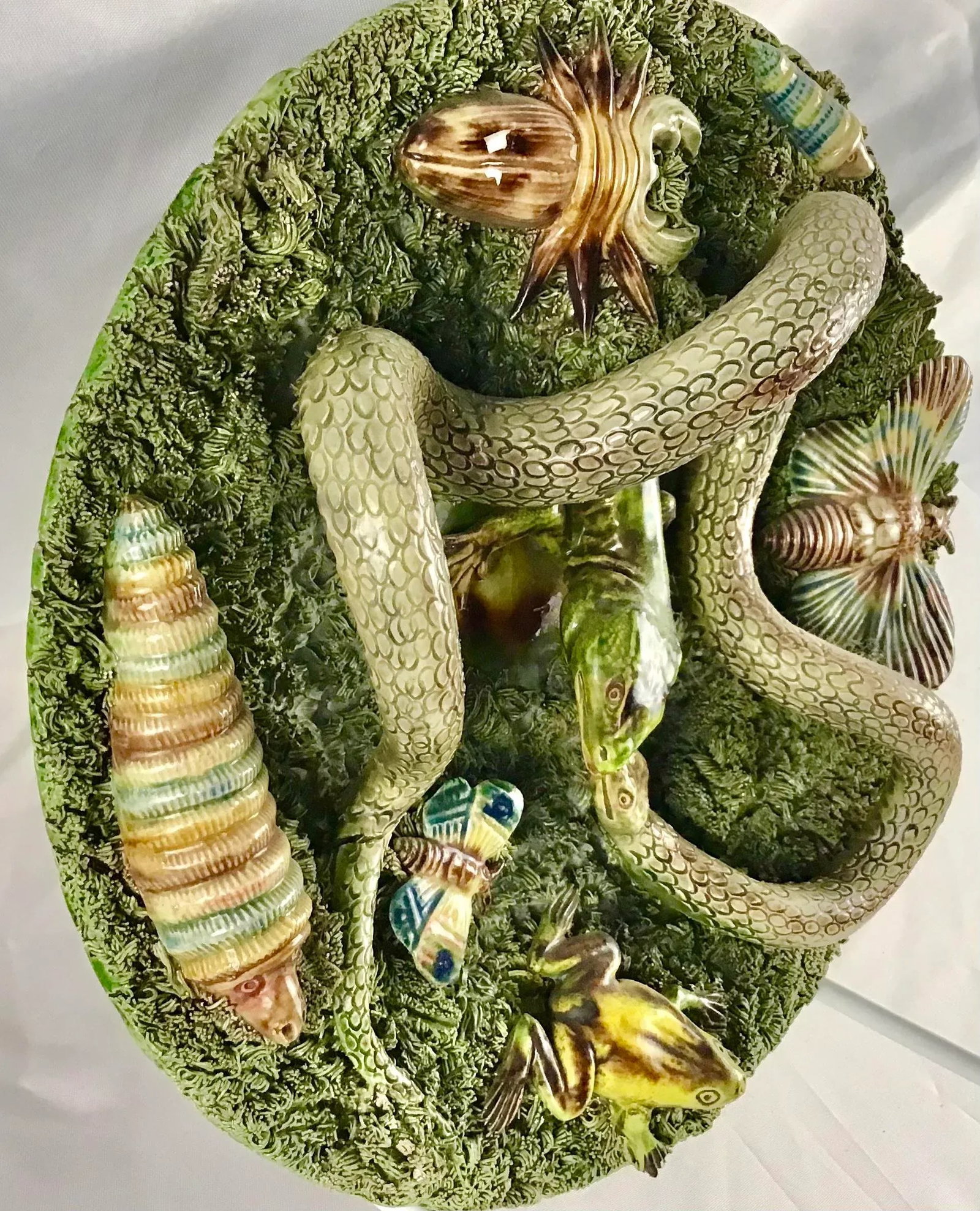 19th Majolica Palissy Snake and Lizard Wall Platter Jose Alves Cunha - 4