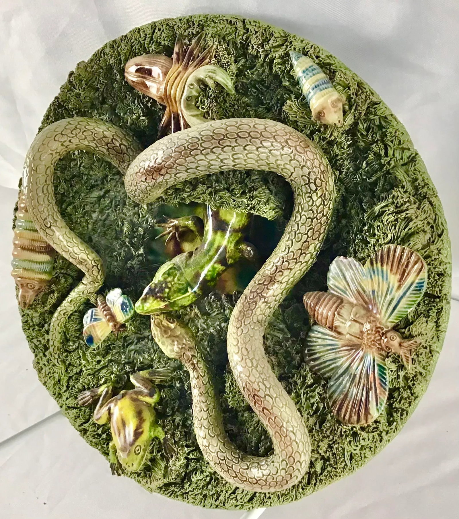 19th Majolica Palissy Snake and Lizard Wall Platter Jose Alves Cunha - 5