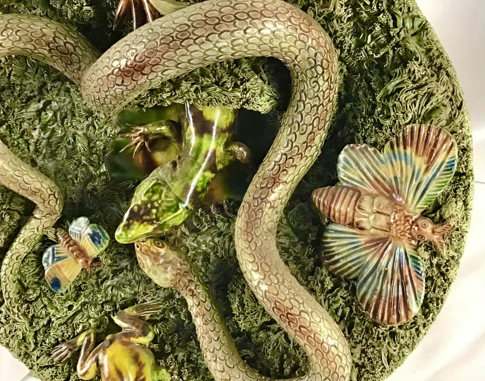 19th Majolica Palissy Snake and Lizard Wall Platter Jose Alves Cunha - 6