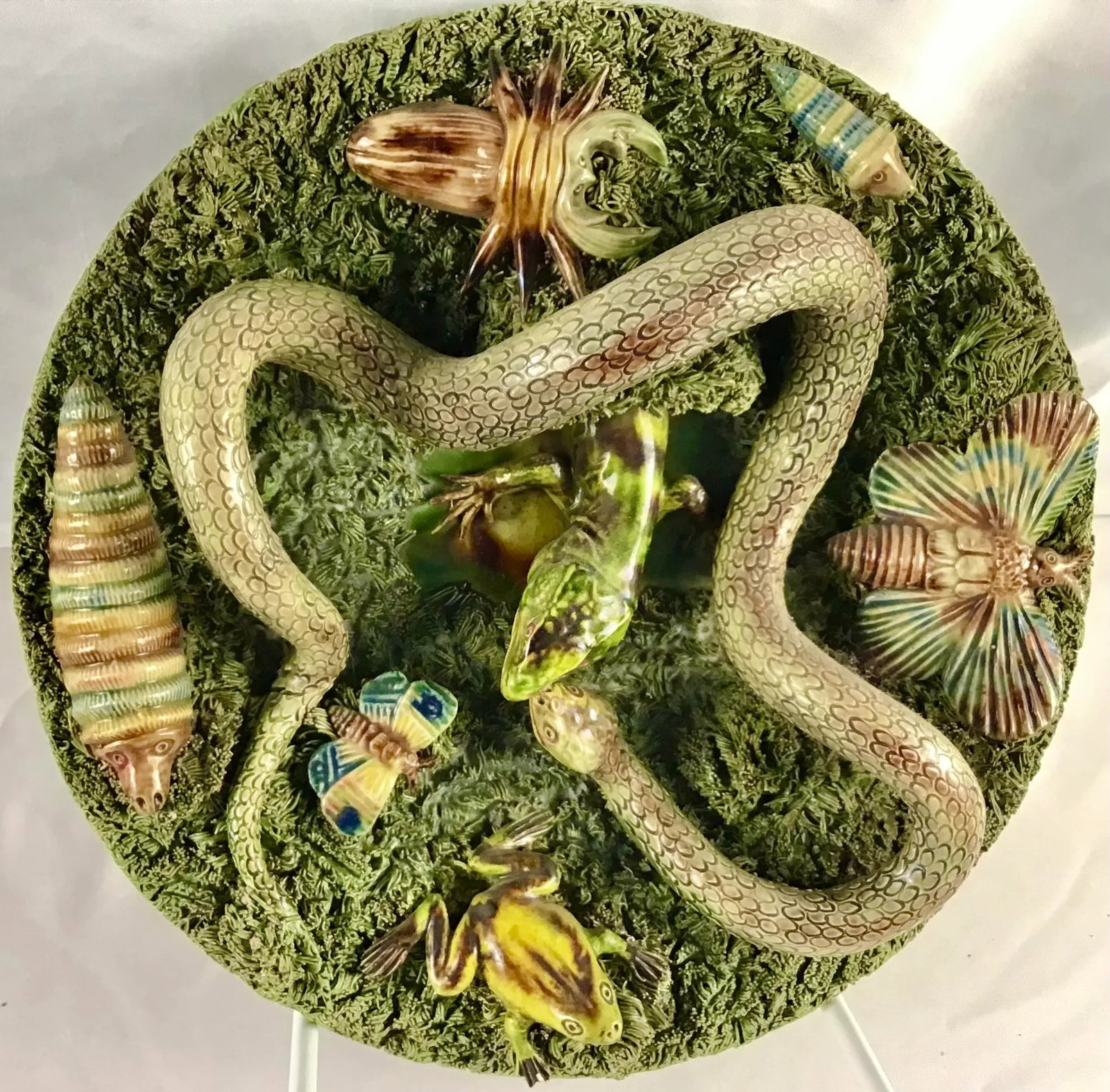 19th Majolica Palissy Snake and Lizard Wall Platter Jose Alves Cunha - 9