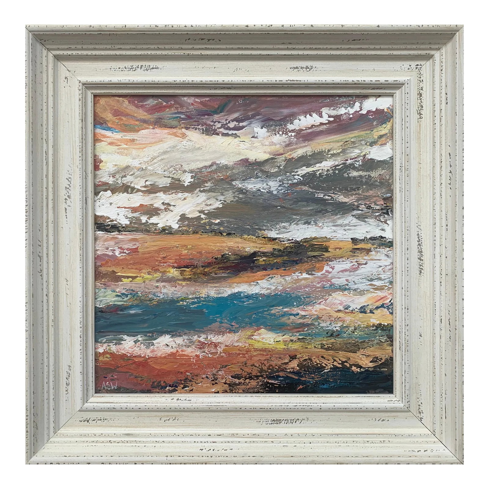 Colourful Expressive Abstract River Landscape Art by Contemporary British Artist: Colourful Expressive Abstract River Landscape Scene by Contemporary British Artist Art measures 16 x 16 inches Frame measures 21 x 21 inches Angela Wakefield has twice been on the front cover of "I