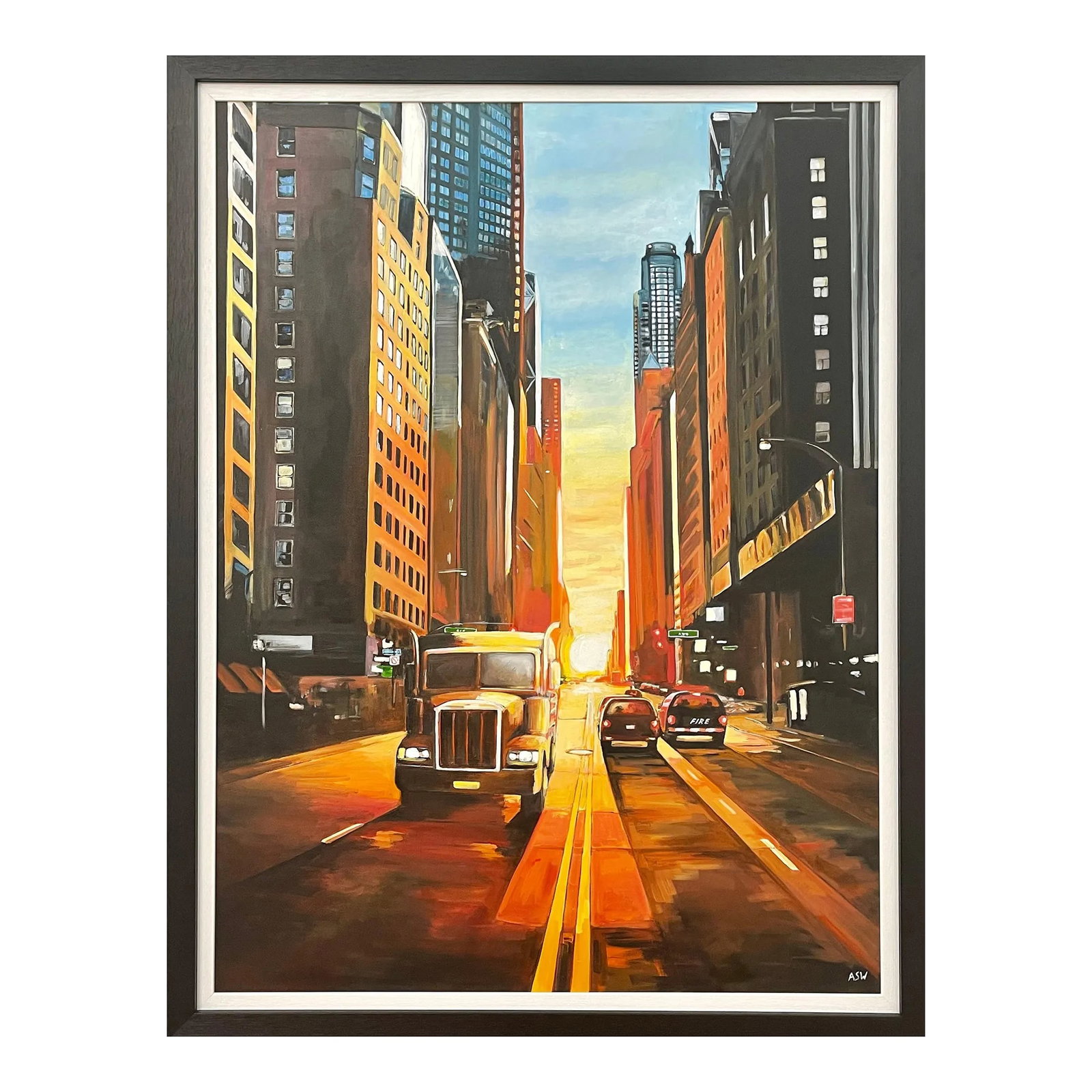Manhattan Henge Truck New York City Sunset by Contemporary British Urban Landscape Artist: Manhattan Henge Truck New York City Sunset by Leading Contemporary British Artist Angela Wakefield Art measures 36 x 48 inches Angela Wakefield has twice been on the front cover of "˜Art of