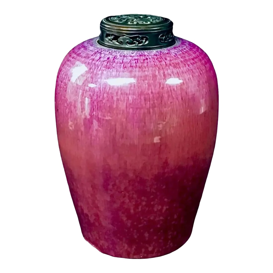 Early 19th Century Chinese Flambe Ginger Jar: Chinese oval flambe ginger jar with carved wood lid. Flambé ware captivates with beautiful irregularity and vibrant blue and purple tones. These streaky, iridescent colors are the result of metal