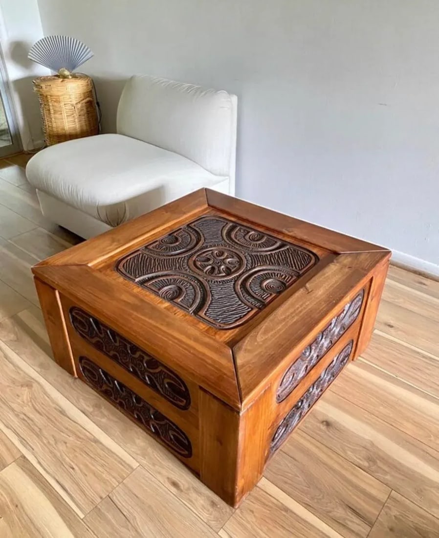 1970s Mexican Modern Carved Wood Coffee Table in Style of Evelyn Ackerman - 9