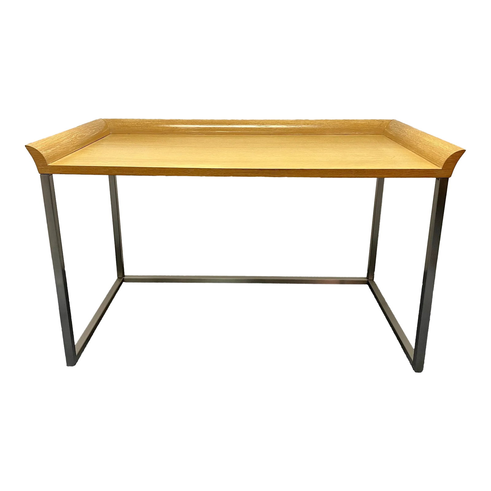 Mid Century Danish Modern Wood Desk With Chrome Base: Sleek Mid Century Danish Modern writing desk. The top is made of a honey tone solid wood, and it sits on a simple chrome base. Finished on all sides and could be used floating in a room. A great