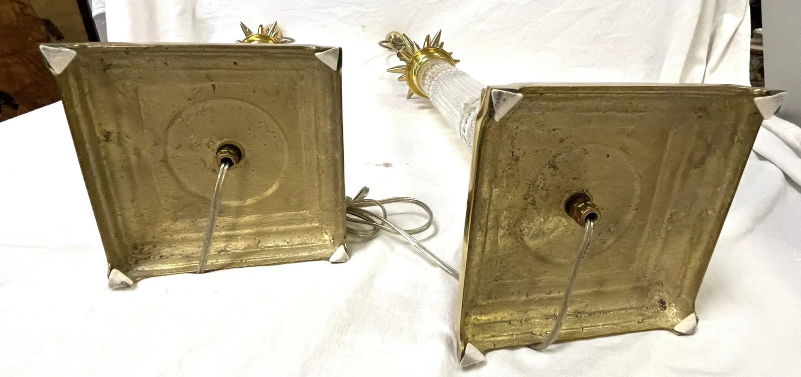 Vintage Hollywood Regency Brass and Cut Glass Candlestick Buffet Lamps- a Pair - 11