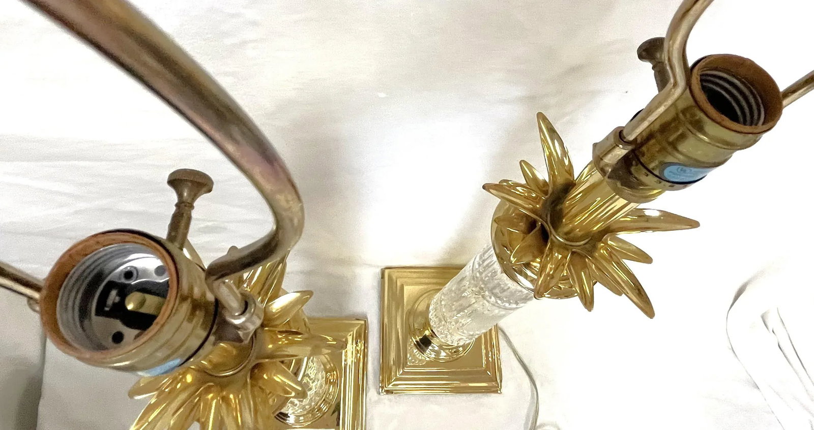 Vintage Hollywood Regency Brass and Cut Glass Candlestick Buffet Lamps- a Pair - 9