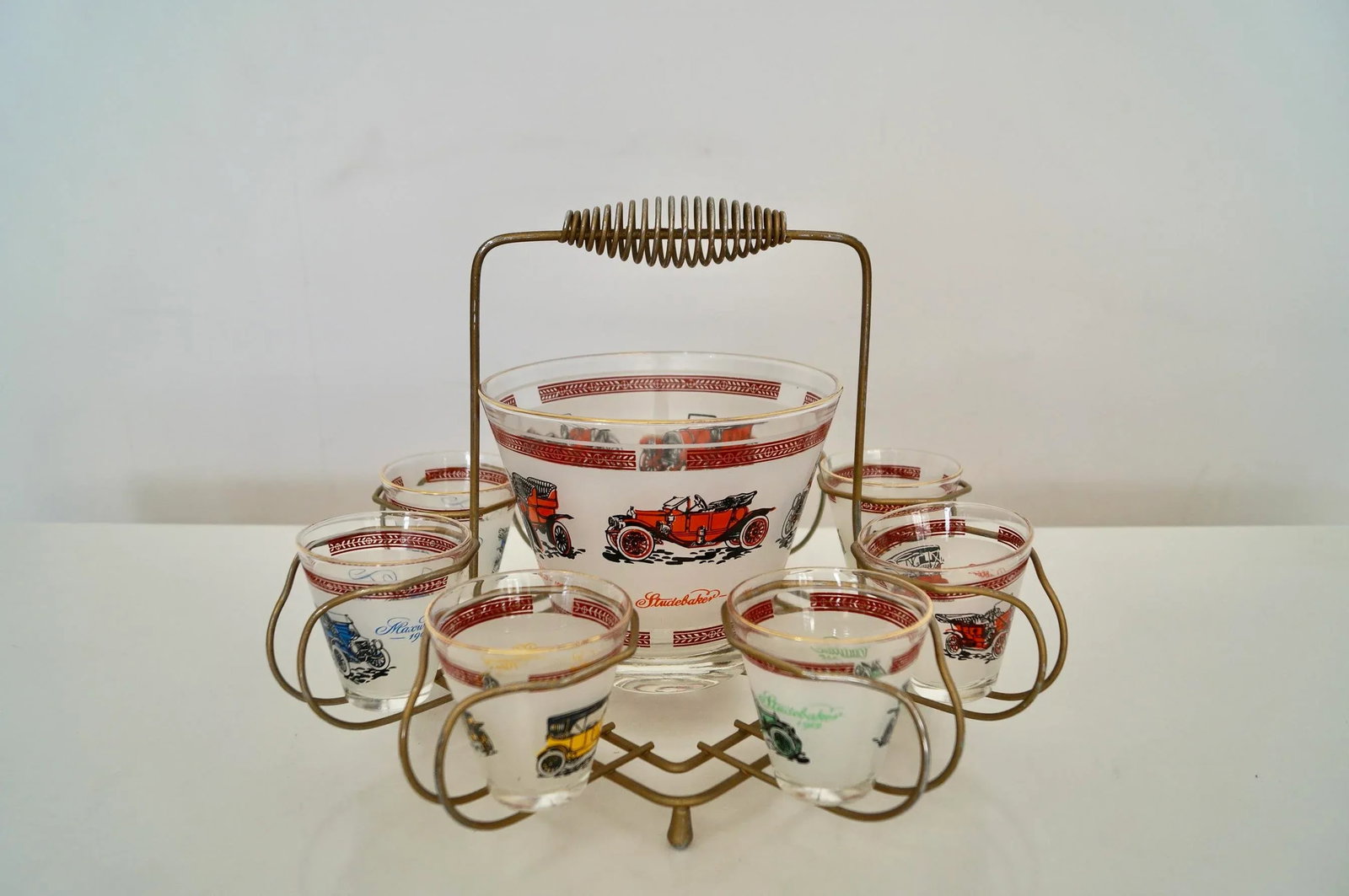 1950's Mid-Century Modern Brass Antique Car Barware Caddy Set- 9 Pieces - 13