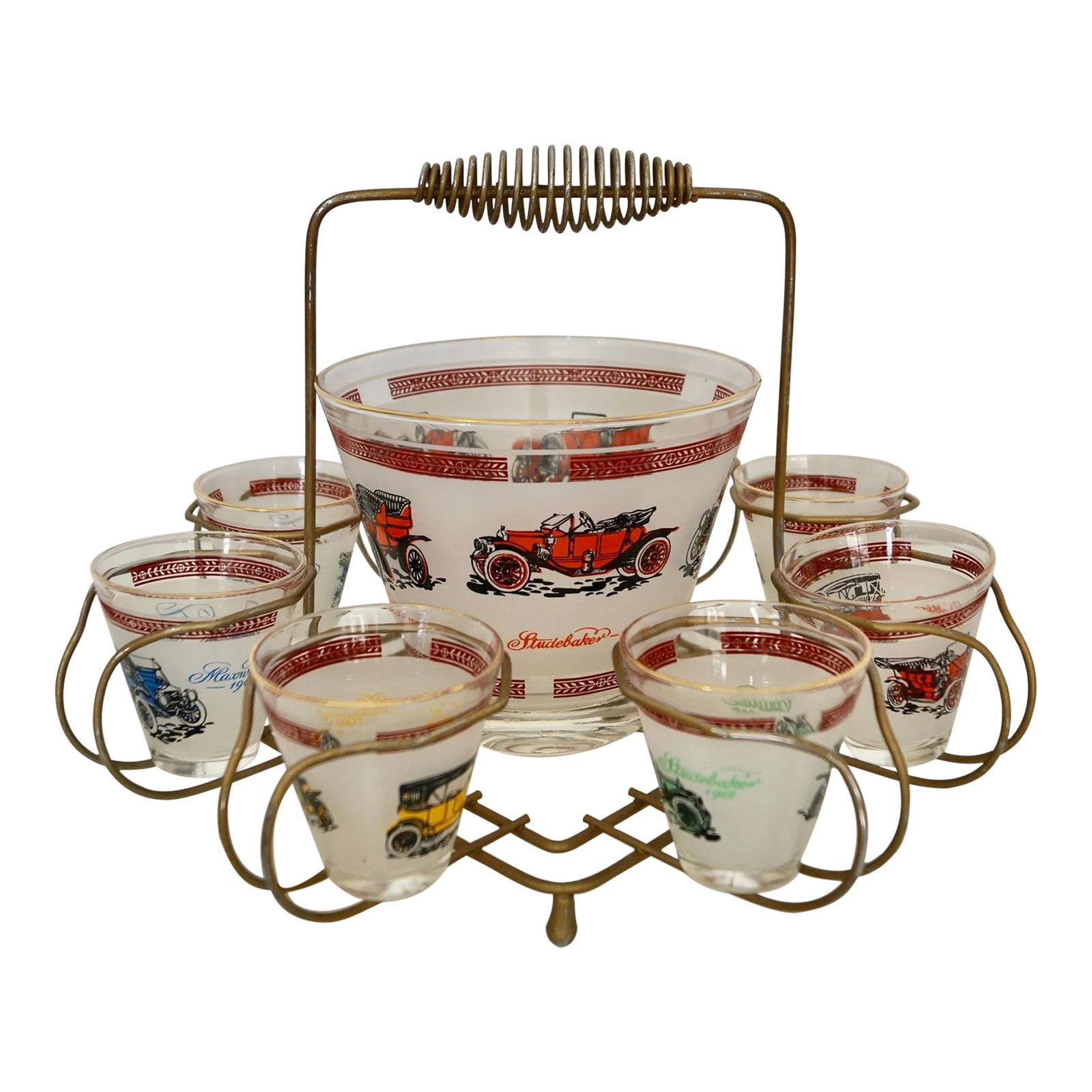 1950's Mid-Century Modern Brass Antique Car Barware Caddy Set- 9 Pieces: Vintage 1950's Mid century Modern barware set for sale. The set is complete and comes with a brass caddy holder, an ice bucket, and eight tapered cocktail glasses. It's in incredible condition with on
