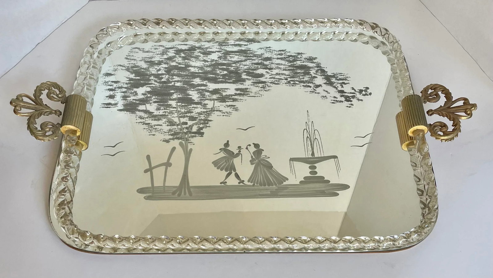 Vintage Murano Italy Venetian Glass Rope Romantic Mirror Serving Vanity Tray - 12