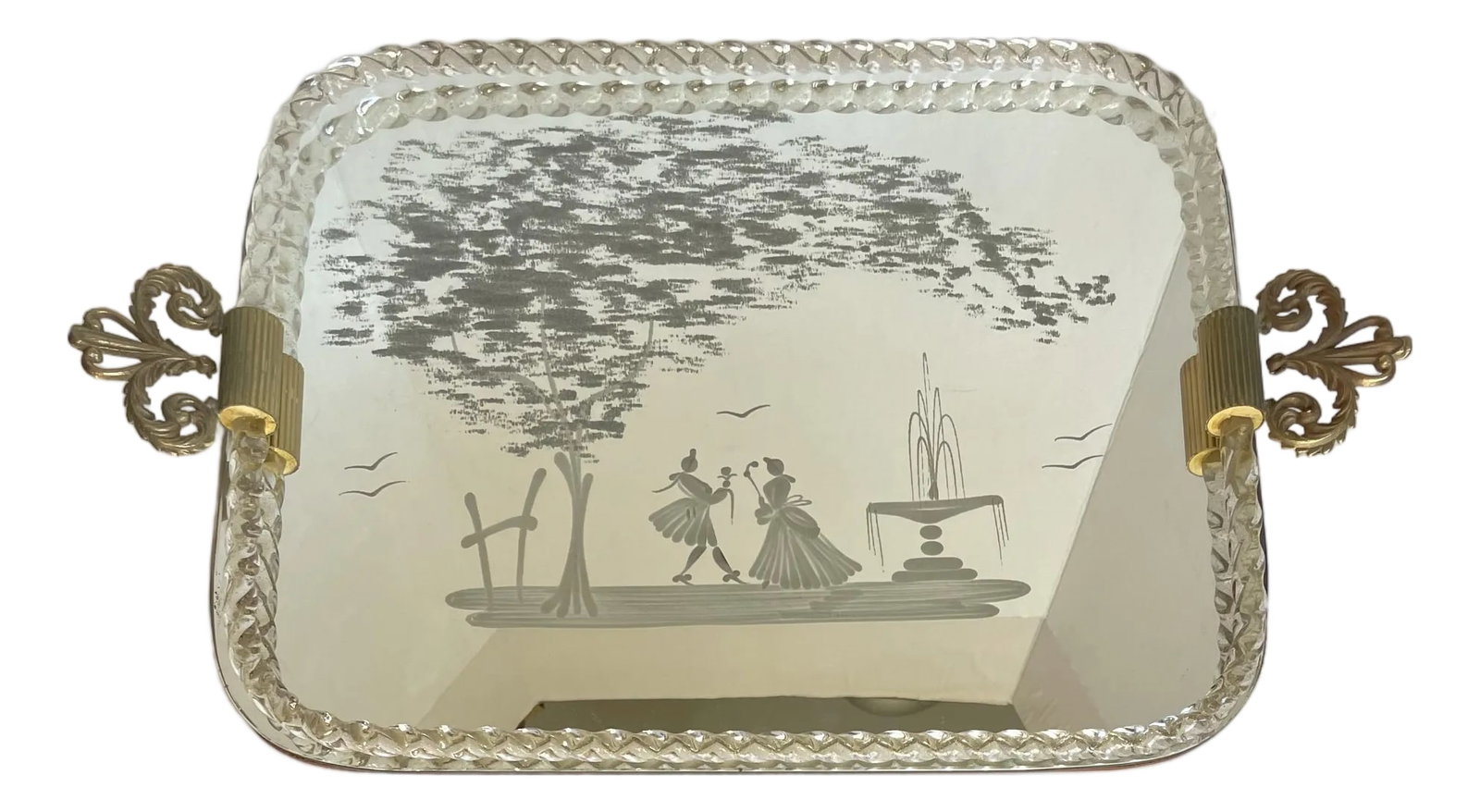 Vintage Murano Italy Venetian Glass Rope Romantic Mirror Serving Vanity Tray: Here is a stunning Murano Italy glass tray with a romantic scene etched onto the mirrored top. The scene shows a pair of royal lovers under an exquisite tree, and by a fountain. The mirror is affixed 