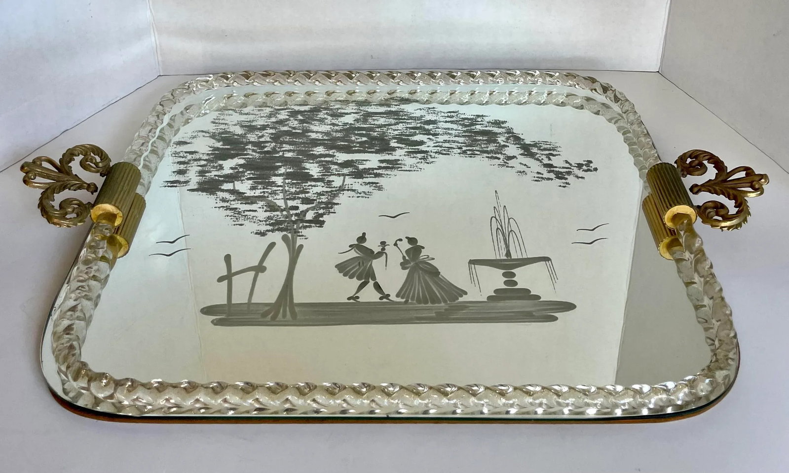 Vintage Murano Italy Venetian Glass Rope Romantic Mirror Serving Vanity Tray - 2