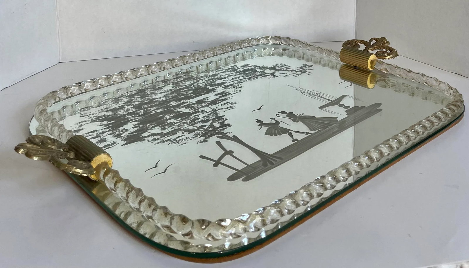 Vintage Murano Italy Venetian Glass Rope Romantic Mirror Serving Vanity Tray - 9