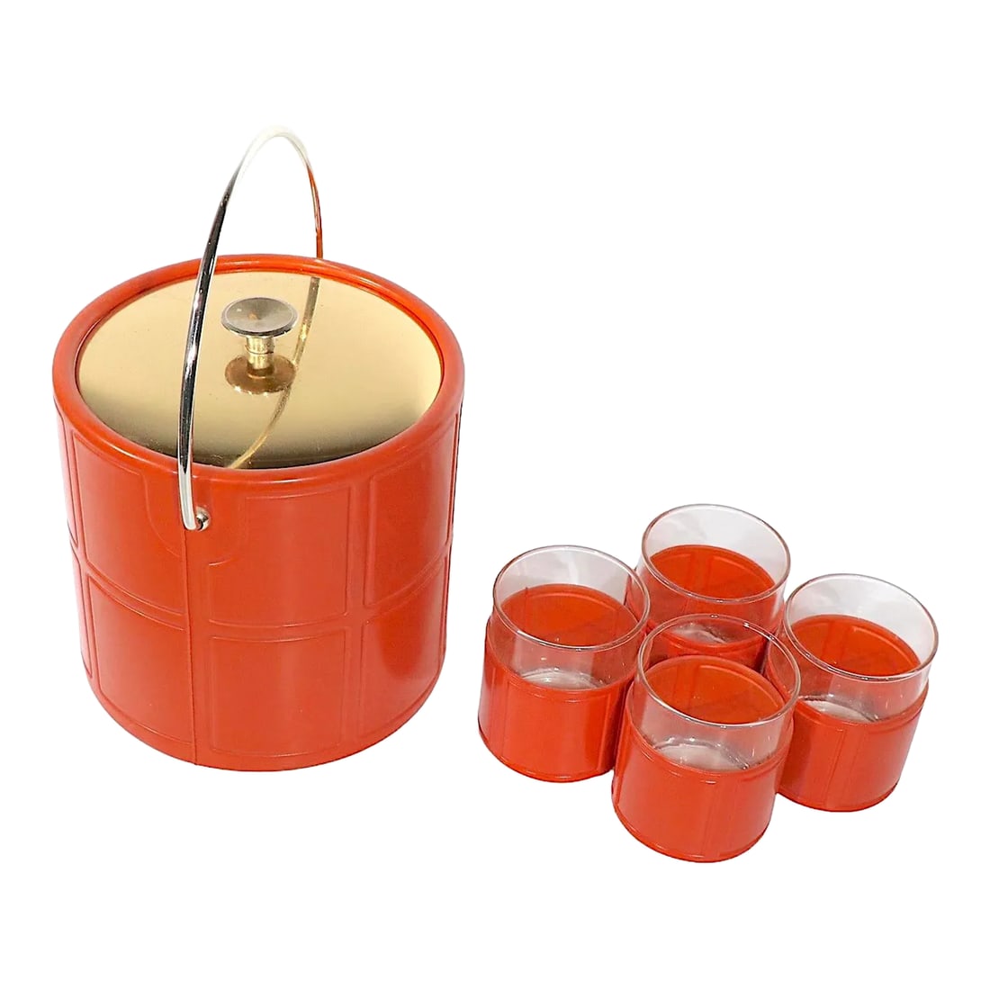 Vintage Ice Bucket Cocktail Set by Kraft Ware- 5 Pieces: Chic 1970's Cocktail Drink Set by Kraftware includes the ice bucket, tongs, and four glasses. The set features a pressed orange vinyl upholstered exterior, it is in very fine, original, clean and read
