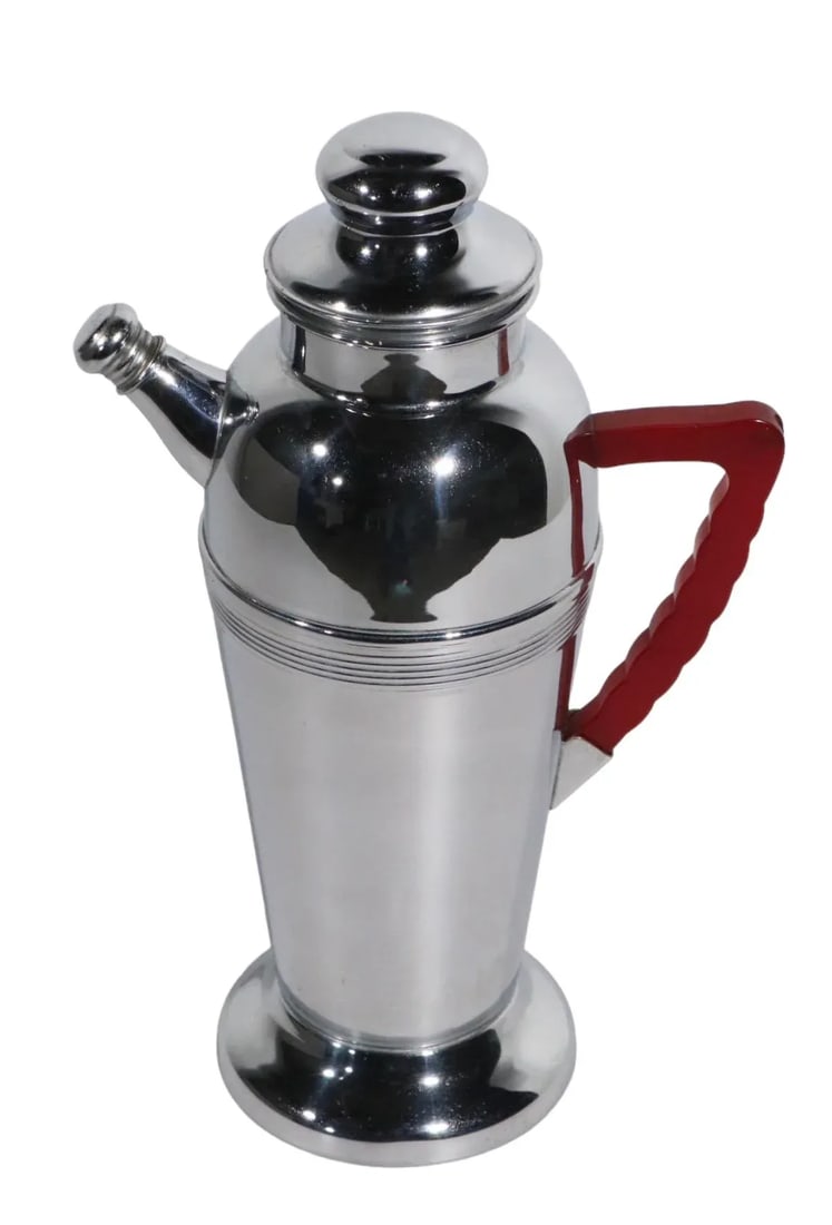 Art Deco Chrome Cocktail Shaker With Red Bakelite Handle by Keystoneware - 8
