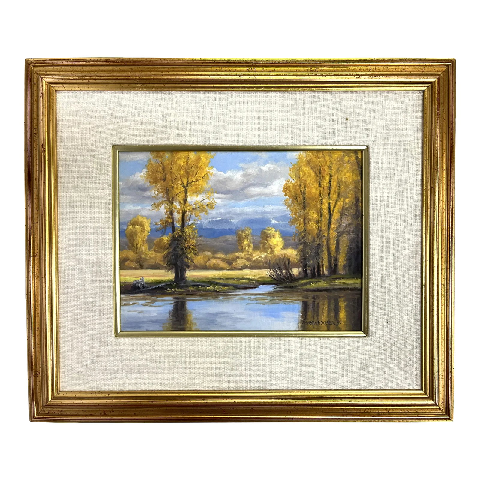 Ruth Rawhouser (Wyoming, Present) Signed Original Oil Painting on Board "September Cottonwoods" Circ: Signed original oil painting on board by Ruth Rawhouser (Wyoming, present day). It is beautifully rendered in Rawhouser's impressionist style with natural gold and blue tones. There's a tag on the