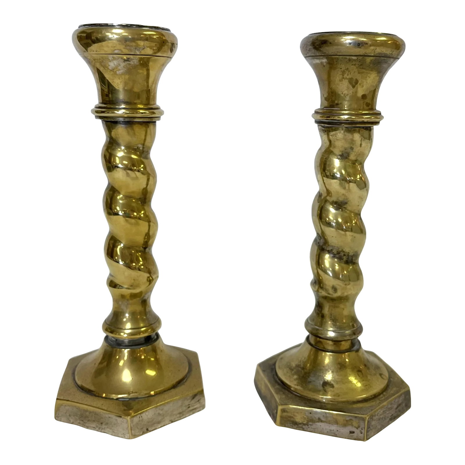 1970's William Adams 8" High Brass Plated Barley Twist Candlesticks Made in India- a Pair: 1970's pair of barley twist candlesticks. They are made of heavy brass plated metal. There's a sticker on the bottom which reads 'William Adams A Towle Company India.' There's general wear and patina