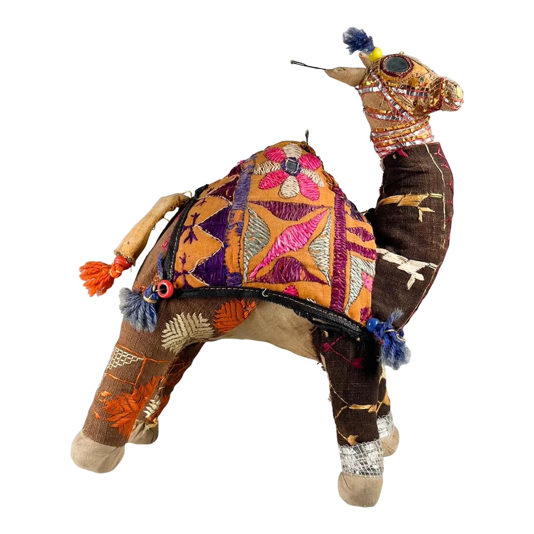 1970s Handcrafted Indian Raj Camel Folk Art Embroidered: AMBIANIC presents 1970s Handcrafted Raj Indian CAMEL Embroidered Fabric Colorful Patchwork 10.5 tall x 9 d x 4.25 w Preowned original vintage condition. See images provided. Condition: Alterations: