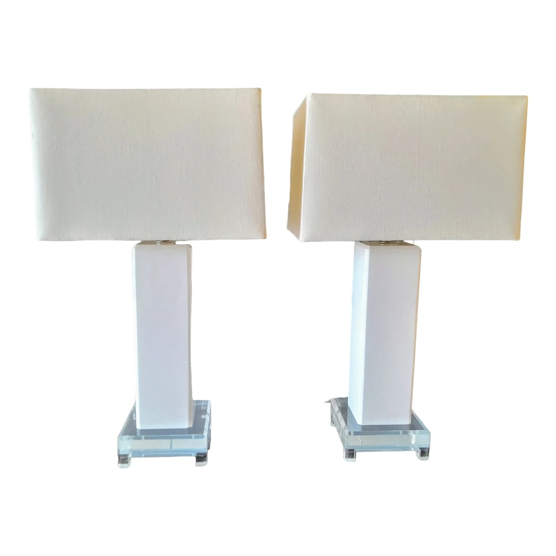 Pair of Mid-Century Italian Lucite Lamps With Linen Shades: Exceptionally preserved and now restored. Thick lucite. Grand scale. True vintage Italian Craftmanship. Condition: Alterations: Restored Imperfections: Some Imperfections Condition Notes: Restored!