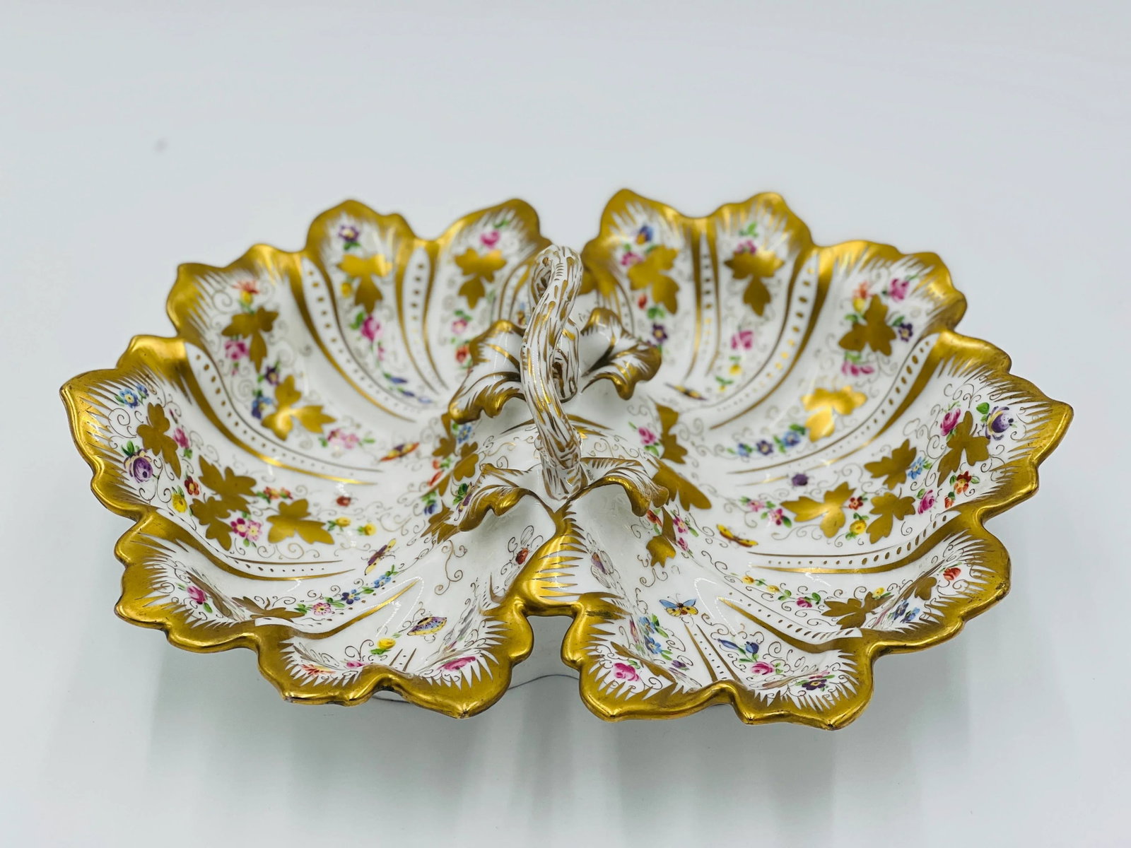Antique Ornate Ct Carl Tielsch Germany Floral Divided Handled Dish Herend Style - 2