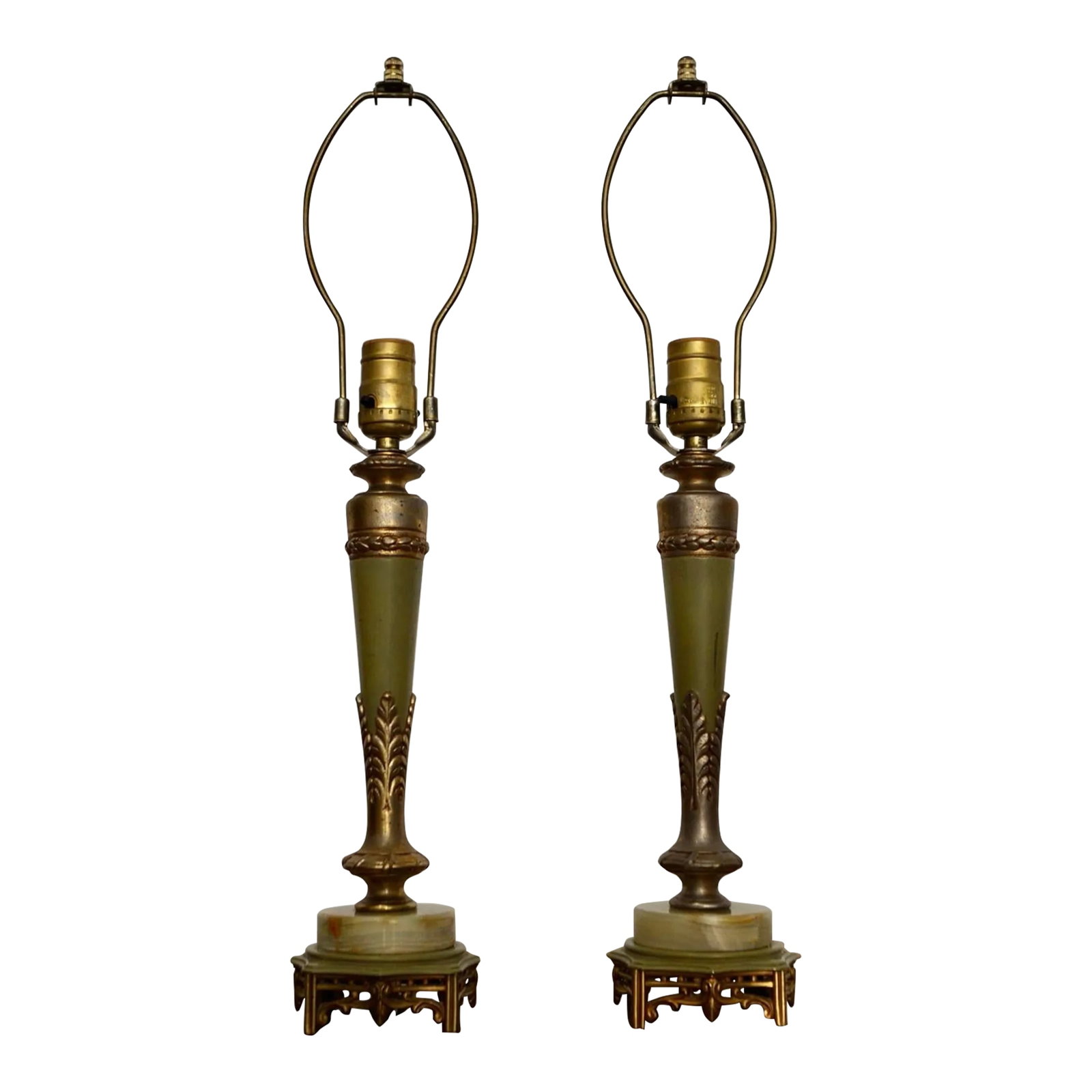 1940's Hollywood Regency Table Lamps - a Pair: Pair of vintage 1940's Hollywood Regency table lamps for sale. Manufactured by Rembrandt, and are in excellent condition. They have a brass, metal, and marble marble base with a metal and brass stem.