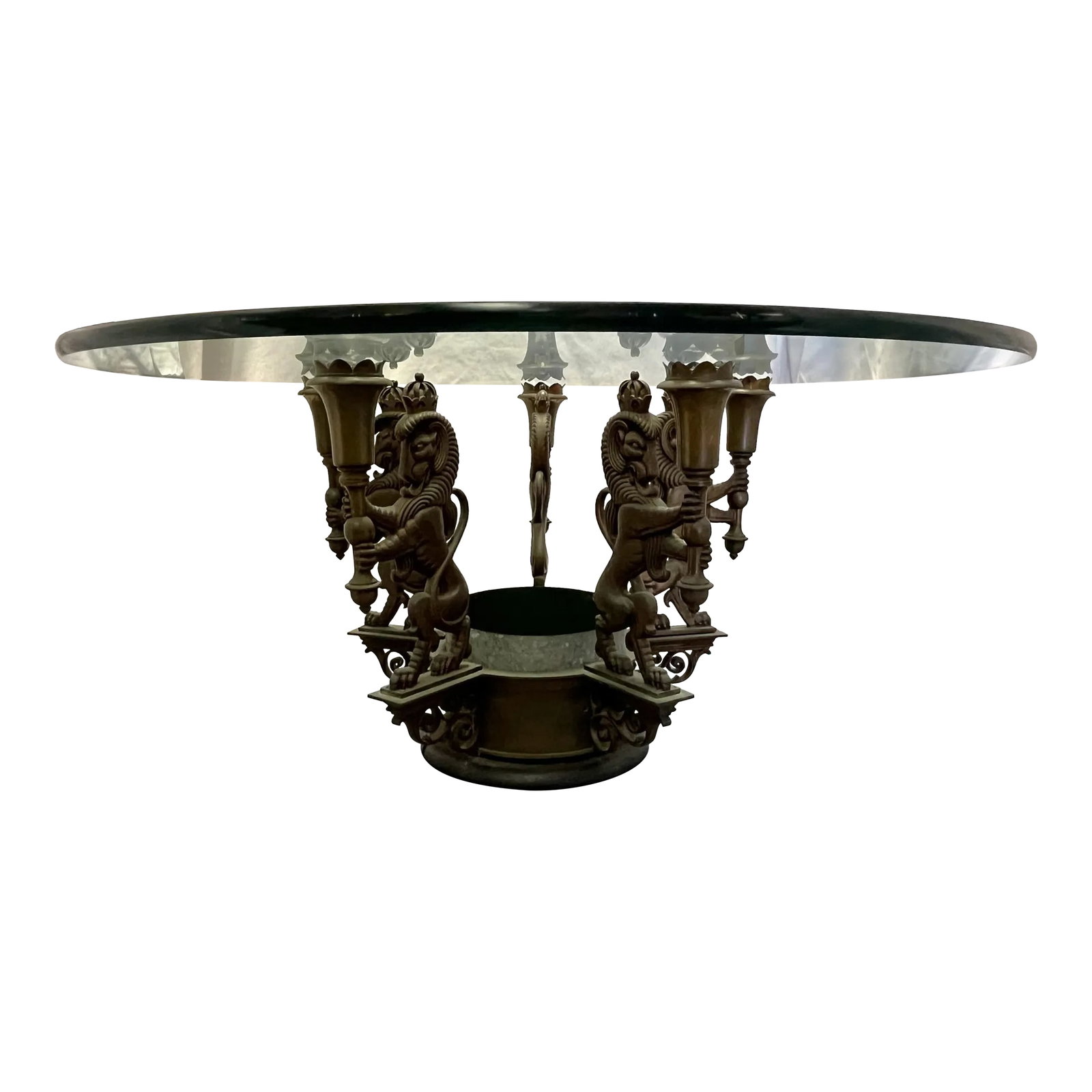 Antique Architectural Salvage Bronze Regency Royal Lion Epergne Coffee Table: Awesome antique architectural salvage bronze epergne made into a coffee table. The epergne base is made of heavy bronze with a fabulous aged patina. It depicts five royal lions complete with crowns.