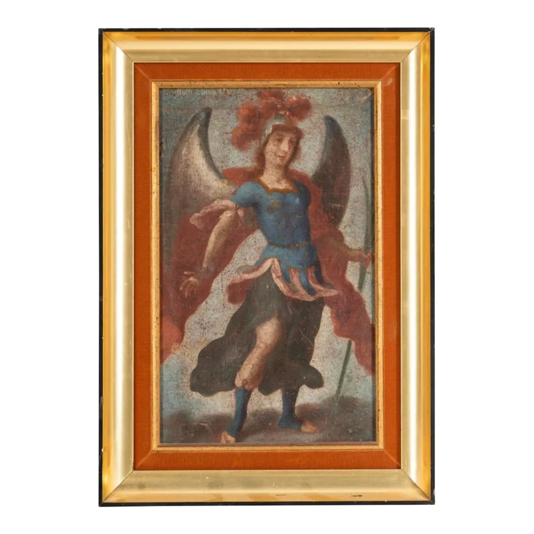18th Century Spanish Colonial School, Cuzco: Angel: 18th Century Spanish Colonial School, Cuzco: Angel, oil on tin. Framed, in good condition. Rich colors of red, blue and white. Inscribed in upper left corner, " uel quien como dios" (who like the