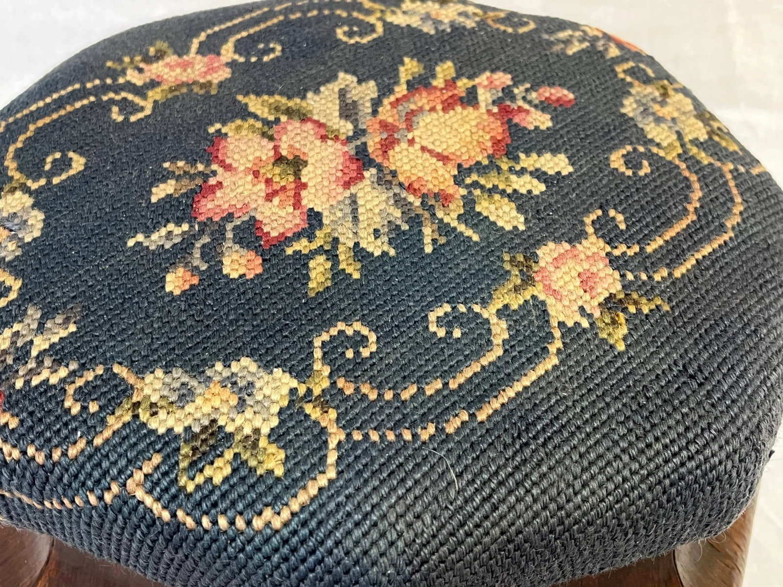 Antique Needlepoint and Wood Octagonal Footstool - 11