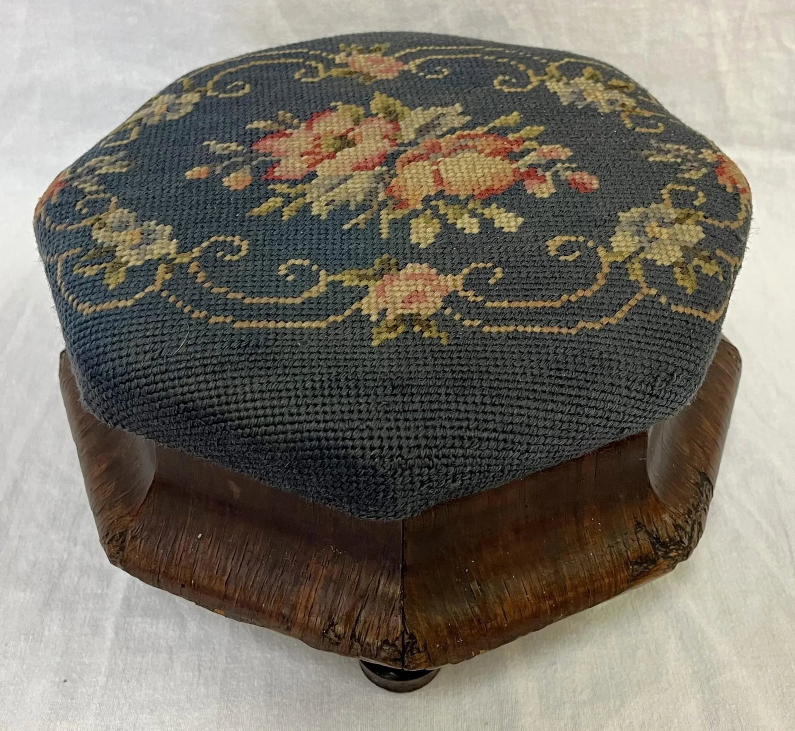 Antique Needlepoint and Wood Octagonal Footstool - 13