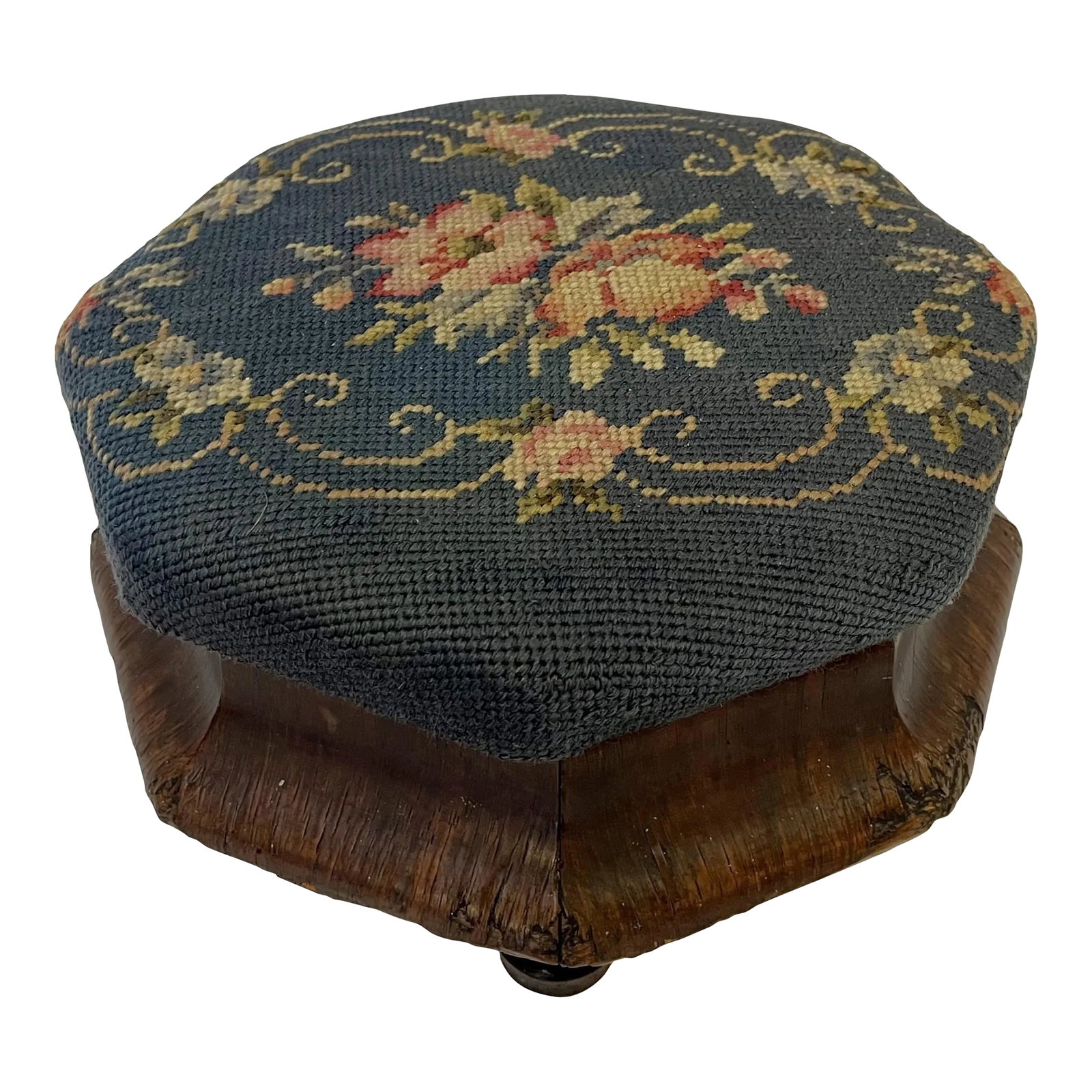Antique Needlepoint and Wood Octagonal Footstool (1 of 13)