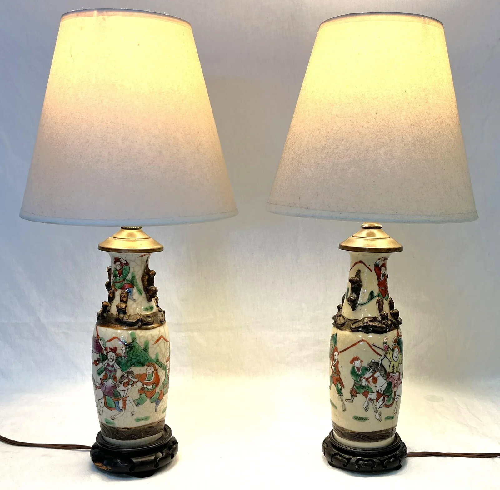 Early 1900's Asian Crackle Finish Ceramic Vases With Samurai Figures Made Into Lamps- a Pair - 2