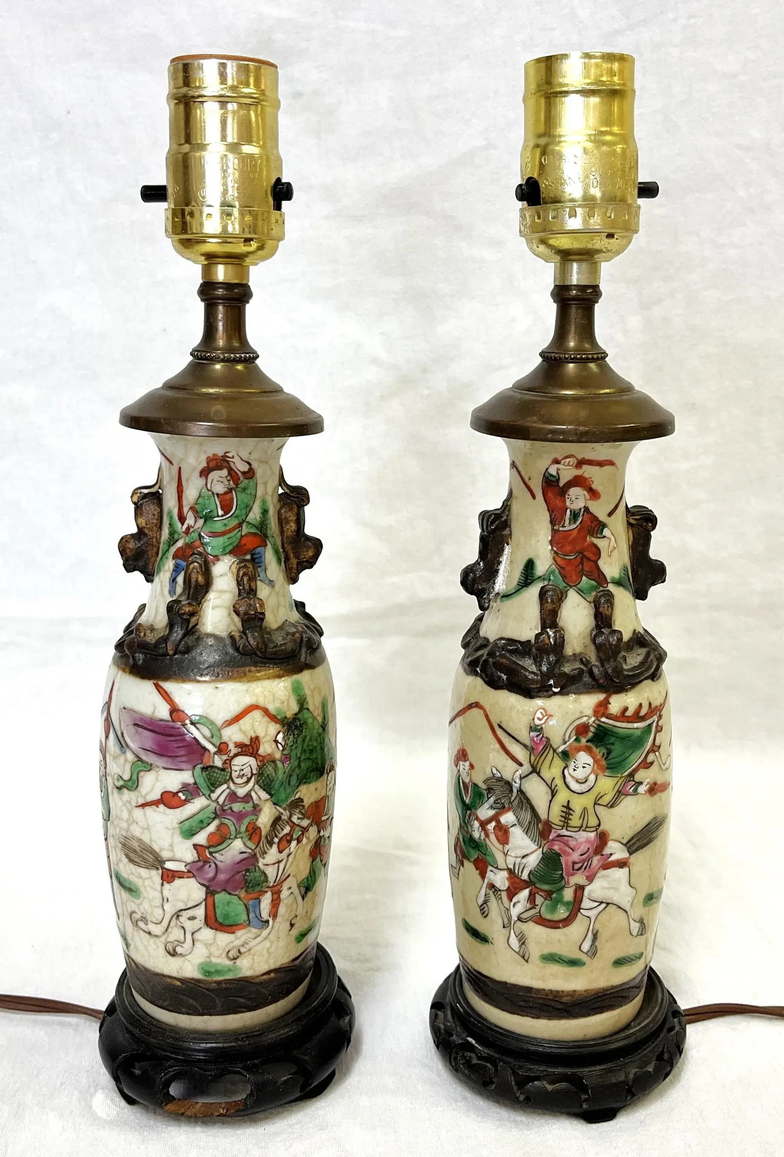 Early 1900's Asian Crackle Finish Ceramic Vases With Samurai Figures Made Into Lamps- a Pair - 3