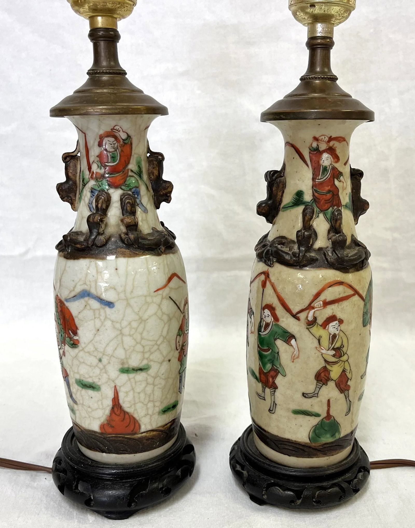 Early 1900's Asian Crackle Finish Ceramic Vases With Samurai Figures Made Into Lamps- a Pair - 4
