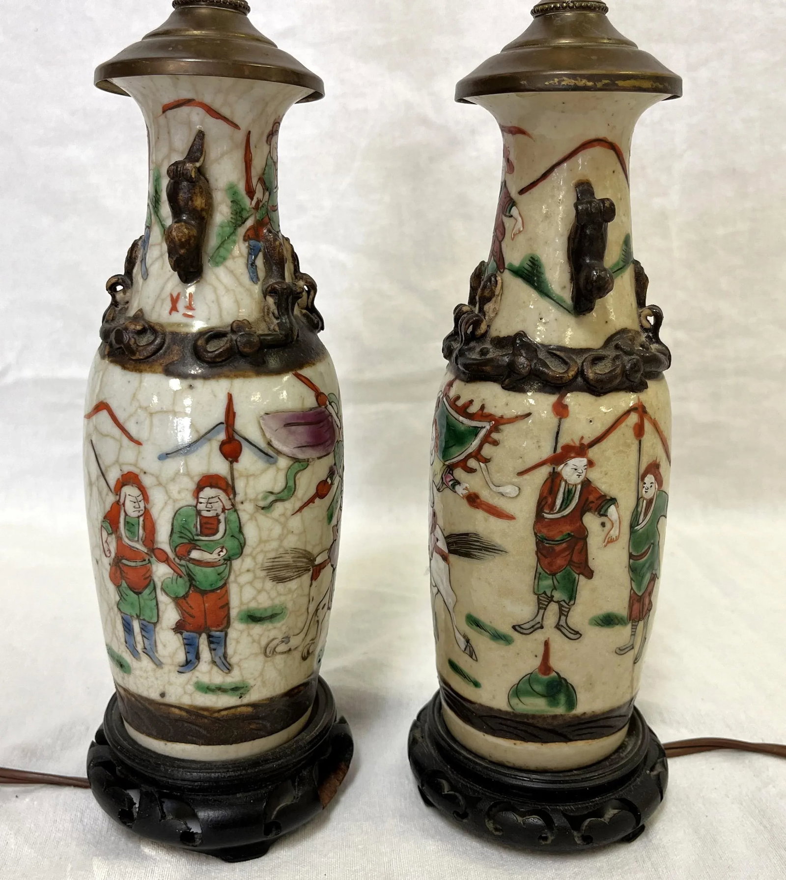 Early 1900's Asian Crackle Finish Ceramic Vases With Samurai Figures Made Into Lamps- a Pair - 5