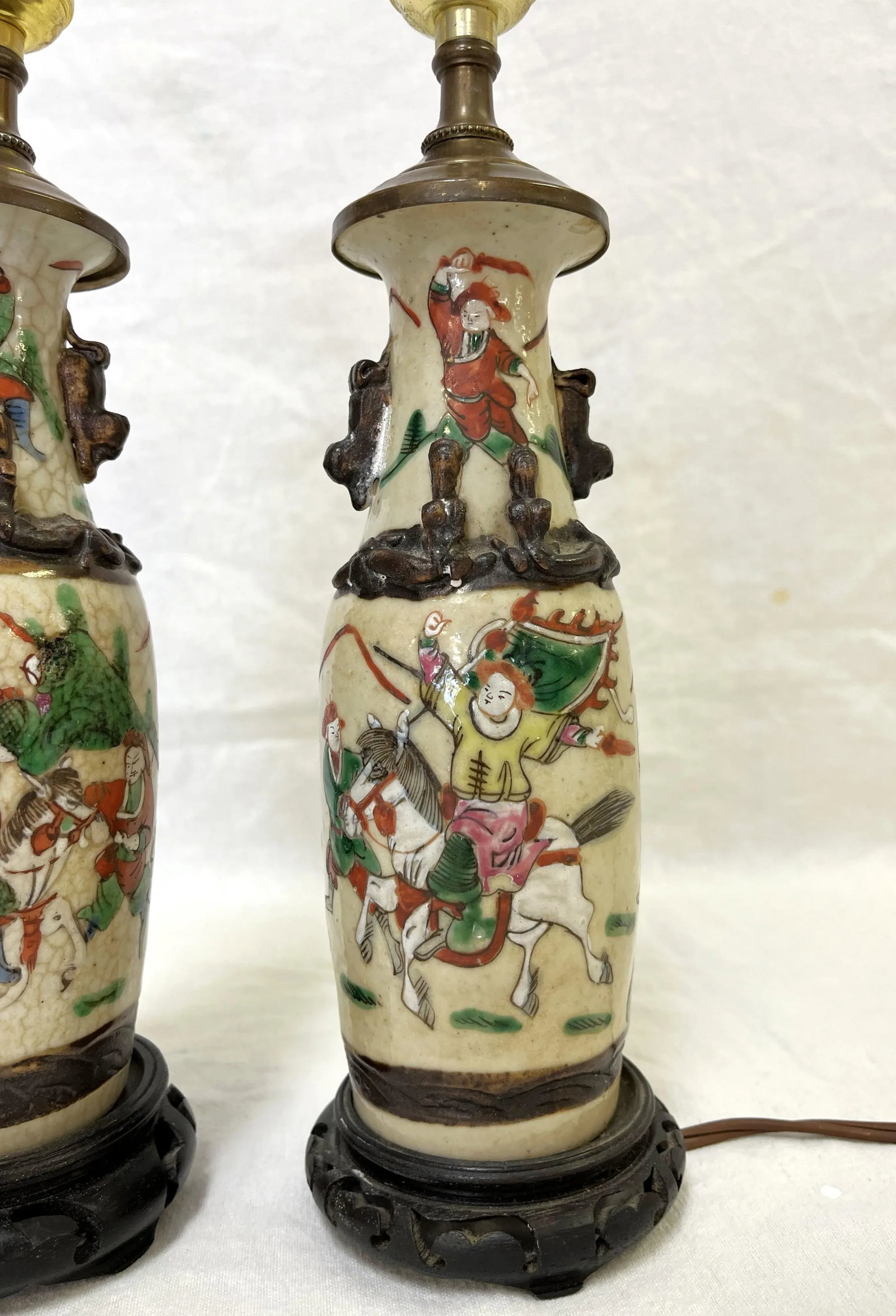 Early 1900's Asian Crackle Finish Ceramic Vases With Samurai Figures Made Into Lamps- a Pair - 6