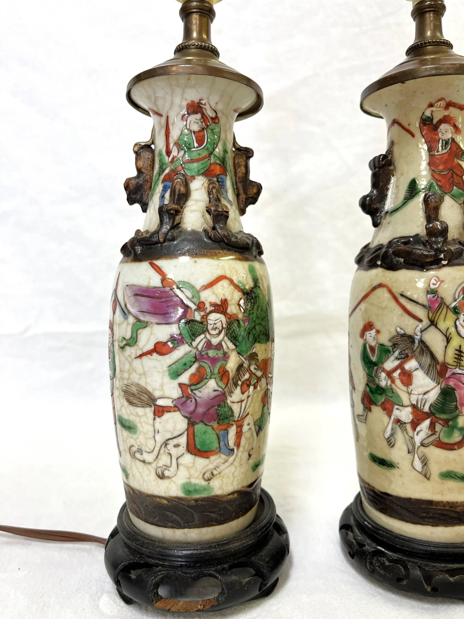 Early 1900's Asian Crackle Finish Ceramic Vases With Samurai Figures Made Into Lamps- a Pair - 7