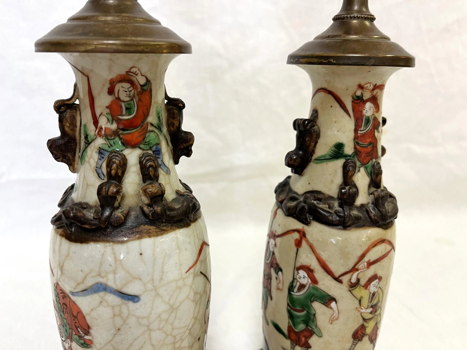 Early 1900's Asian Crackle Finish Ceramic Vases With Samurai Figures Made Into Lamps- a Pair - 8