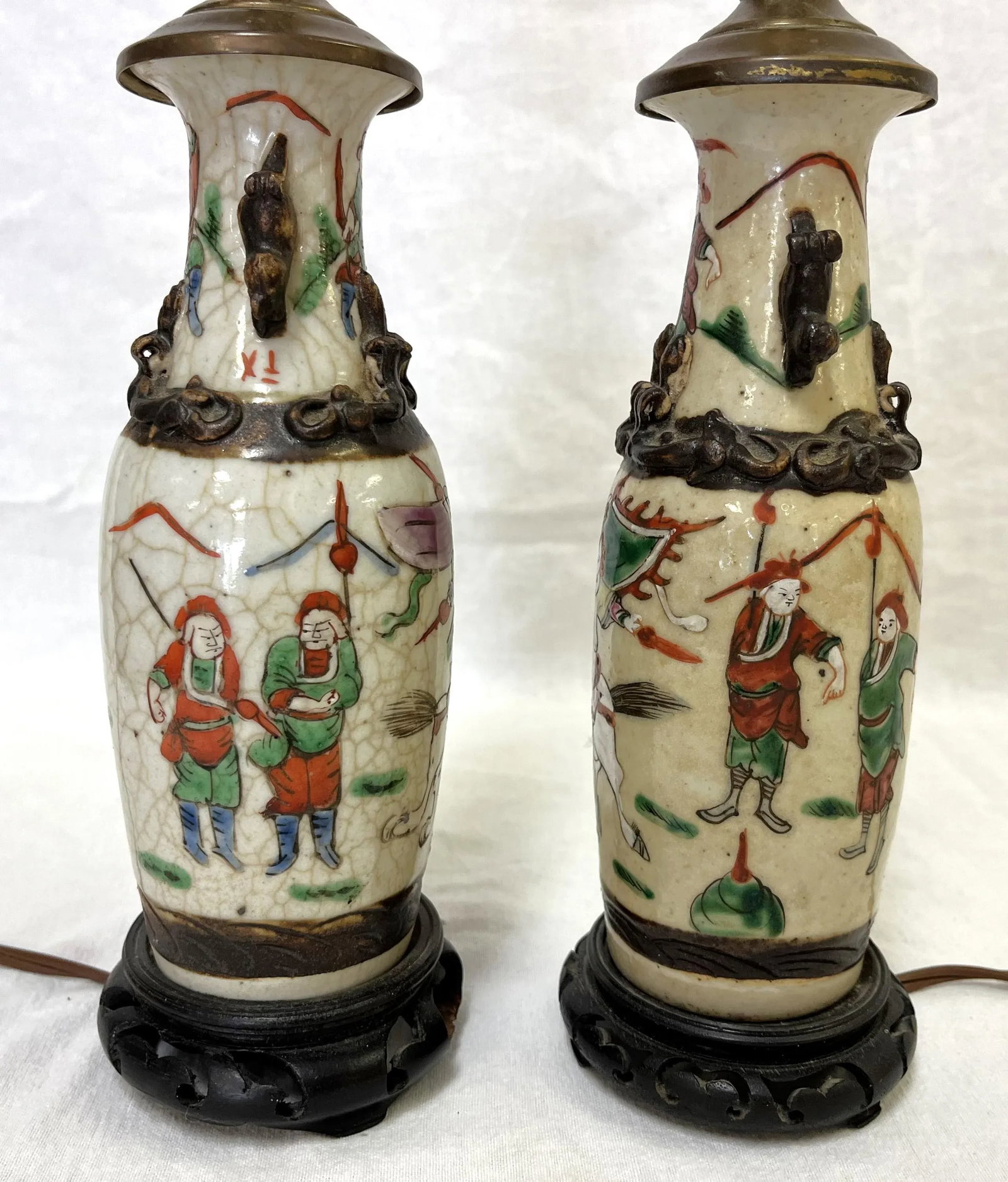Early 1900's Asian Crackle Finish Ceramic Vases With Samurai Figures Made Into Lamps- a Pair - 9
