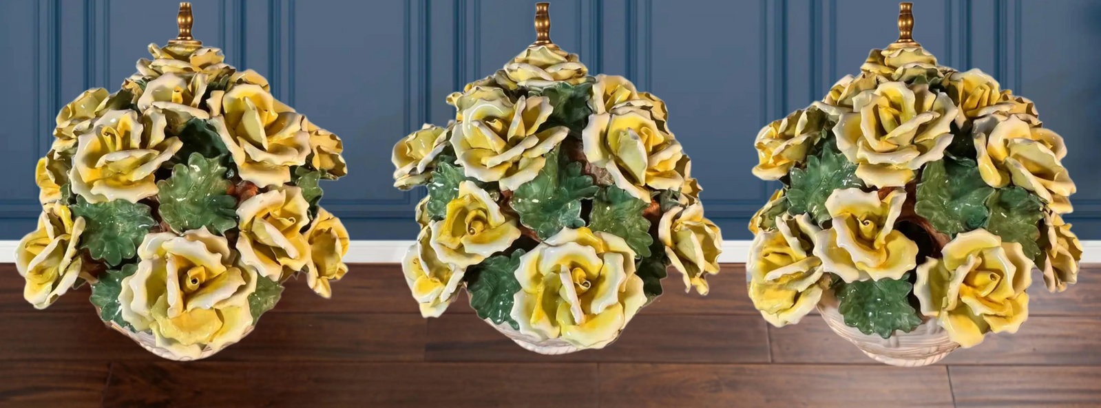 Mid-Century Capodimonte Porcelain Table Lamp White Basket Full of Yellow Roses - 10