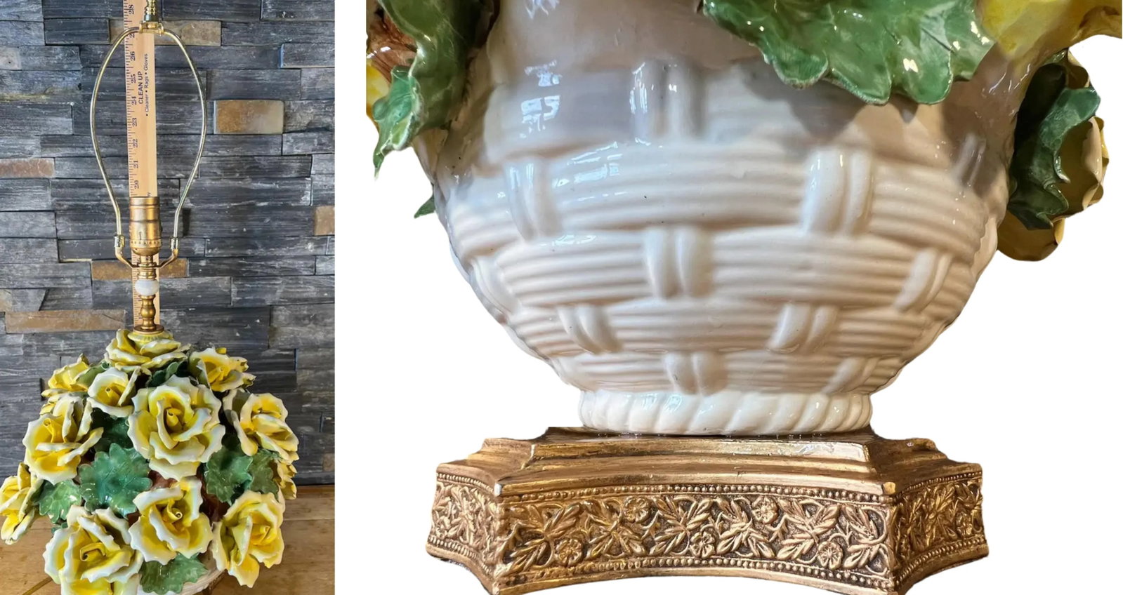 Mid-Century Capodimonte Porcelain Table Lamp White Basket Full of Yellow Roses - 12