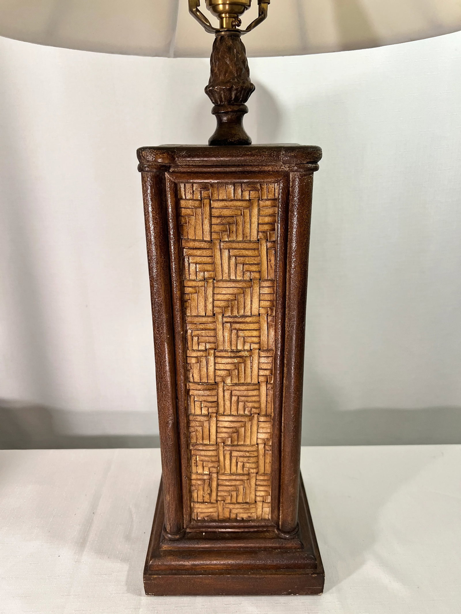 Vintage Wildwood Handmade and Finished Woven Cane Lamp With Silk Shade - Included - 3