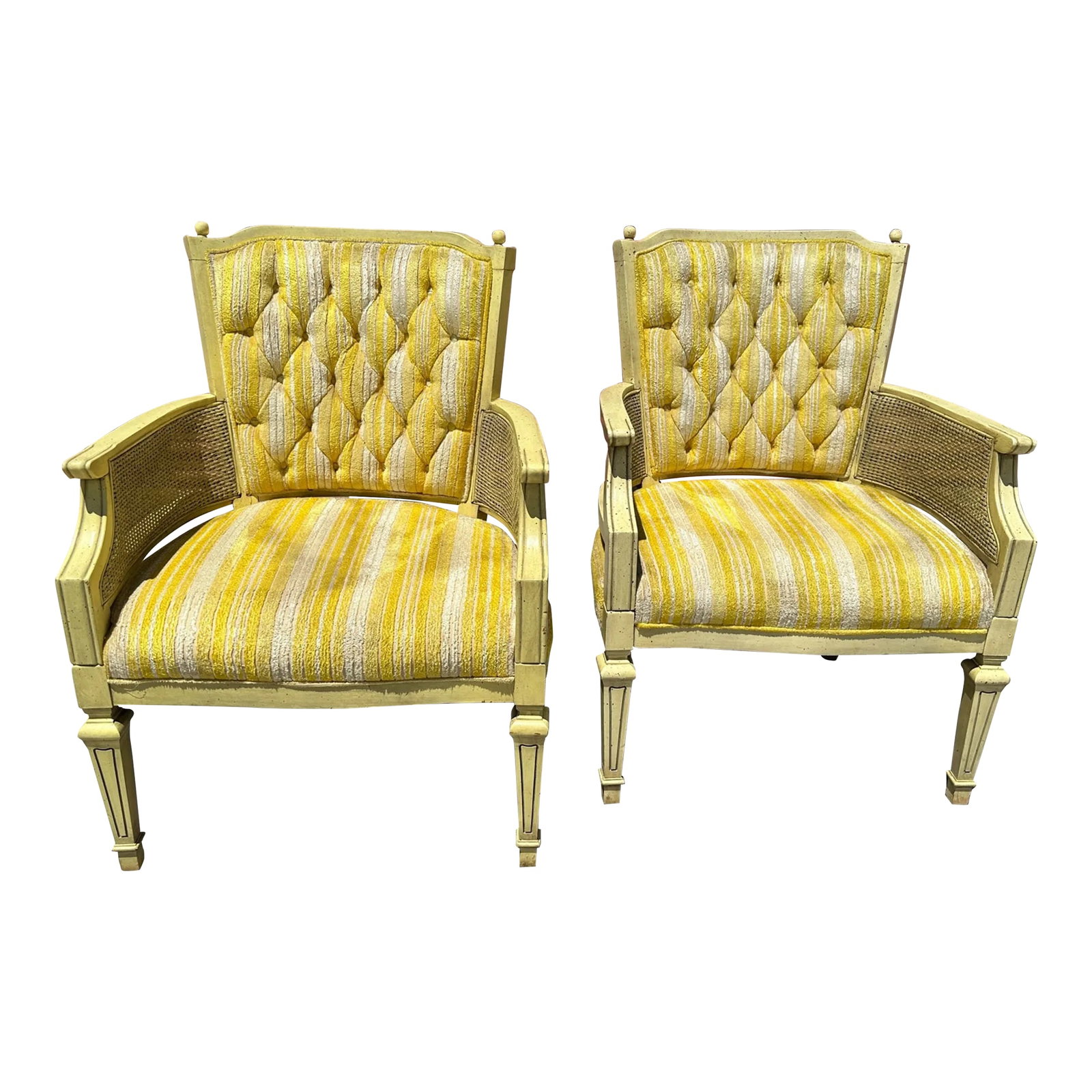 Vintage Yellow Tufted Arm Chairs-A Pair: Vintage Lewitte Yellow Tufted back arm chairs with woven faux caning. These would be great painted white and professionally cleaned. Has a gray paint splatter throughout, its not dirt. 34.5in h x 25in