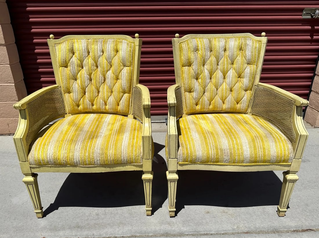 Vintage Yellow Tufted Arm Chairs-A Pair - 4